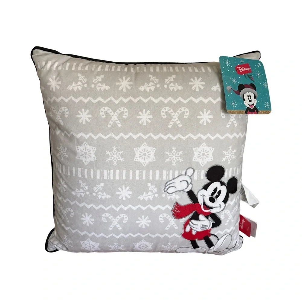 Disney Christmas Holiday Mickey Mouse Snow Gray Velour Decorative Pillow 17 X 17